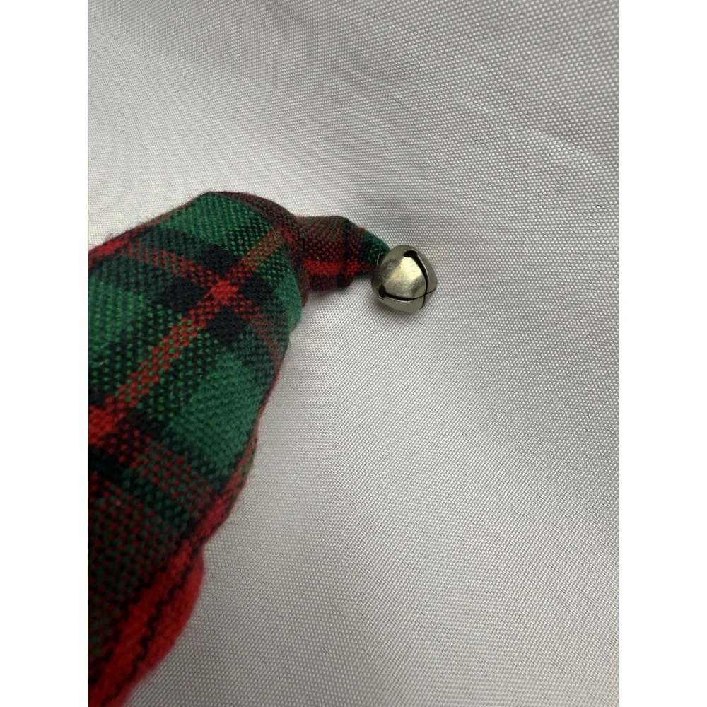 Santa Claus Face Christmas Ornament Resin Plaid Hat w/ Bell 11” Vintage? Holiday